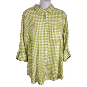 Sharon Young Womens Gingham Lace Up Back Shirt Green Linen Blend Button Up Tab M